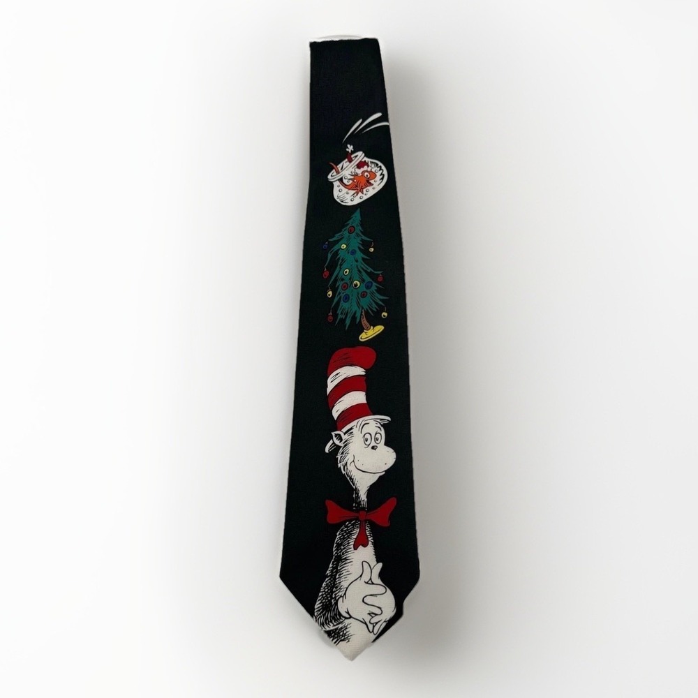 Dr Seuss Cat in the Hat Christmas Necktie Mens Black Novelty Holiday Tie NWT
